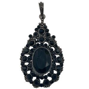 Vintage Black Rhinestone Pendant Teardrop Open Metal Work Cabochon Elegant